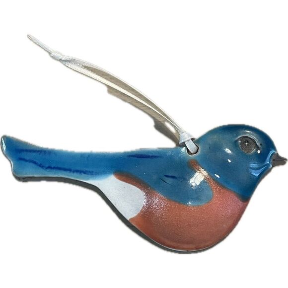 Wayne Village Pottery Bluebird Hanging Ornament  Blue Brown Maine Clay 5"x3" - Picture 4 of 6